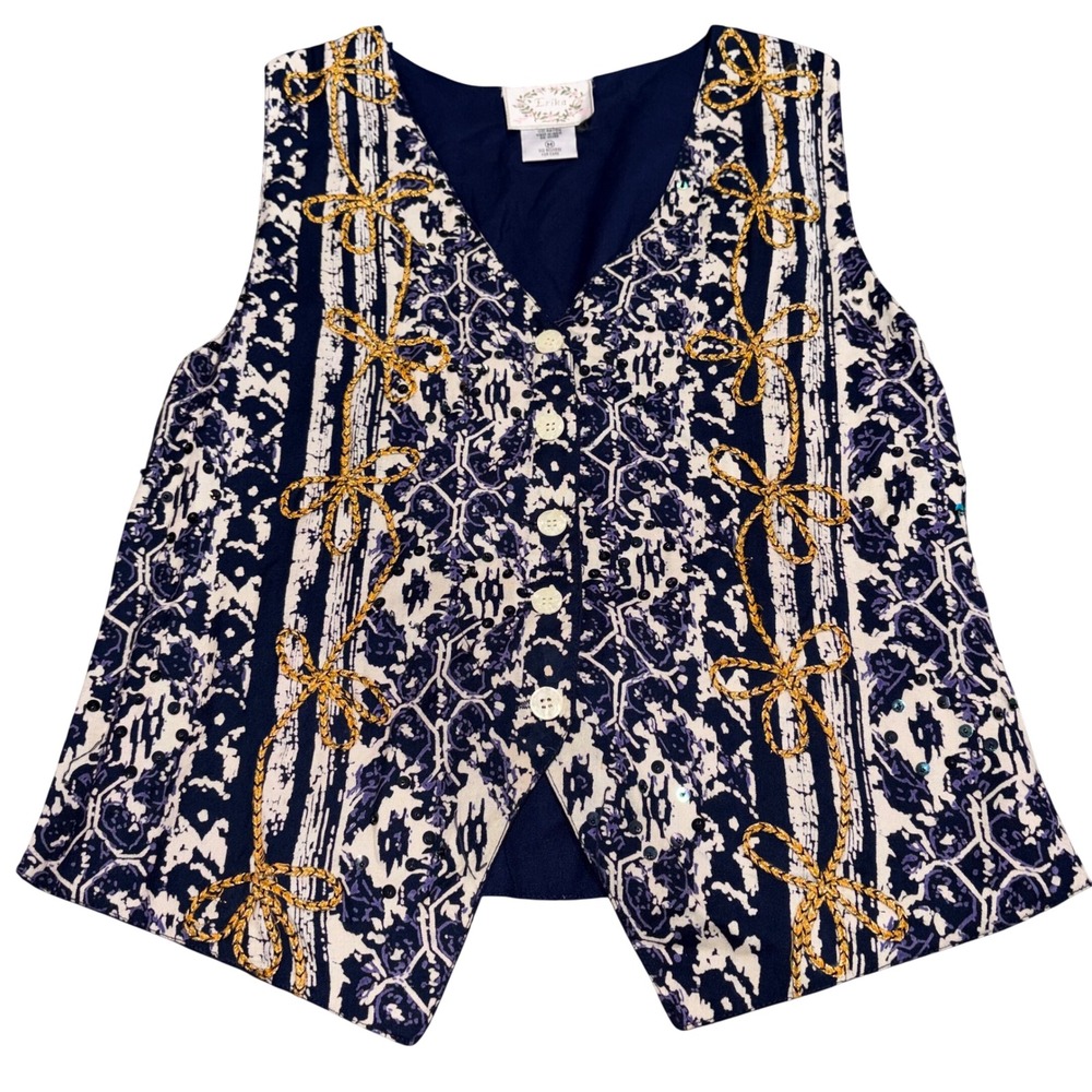 Vintage Embroidered‎ Sequin Vest Womens M Navy Blue Excellent Erika
